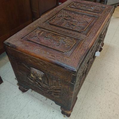 Carved Wooden Storage Chest with Asian Design- Approx 30" x 15" x 16 3/4" Tall