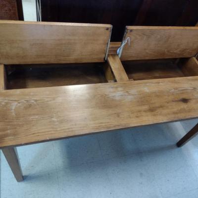 Antique Solid Cypress School Desk with Storage Compartments- Approx 46" x 22" x 21 1/2" Tall