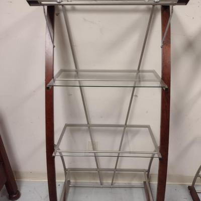 Contemporary Shelving Unit- Glass Shelves with Wood and Metal Supports (Choice #3)