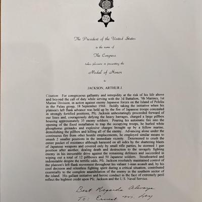 WW2 MOH Recipient Arthur J. Jackson Signed Page