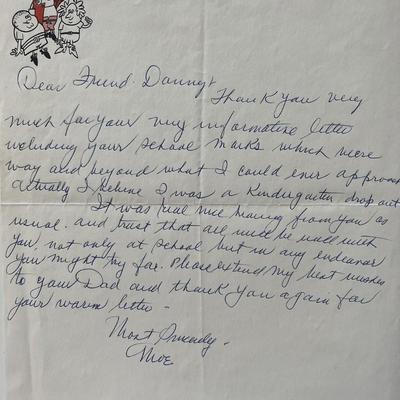 Three Stooges Moe Howard handwritten signed letter. JSA authenticated