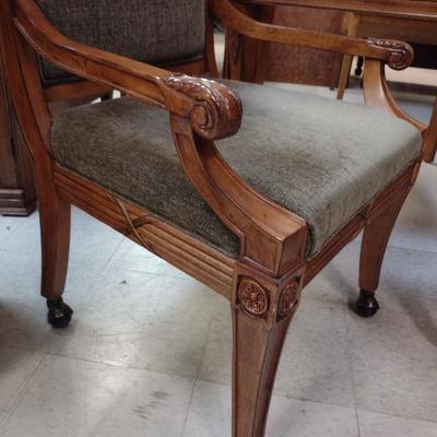 Sale Photo Thumbnail #1998: Wooden Game Table with Four Upholstered Rolling Chairs.  Table is approx 39 1/2" square, 30 1/2" tall.  Chairs are made by Flexsteel Industries.  One chair has a loose leg that needs to be tightened.