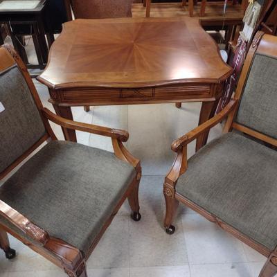 Wooden Game Table with Four Upholstered Rolling Chairs