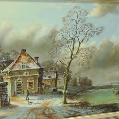 Decoratively Framed Landscape Painting on Canvas by Gene Parkhurst- Approx 43" x 31 1/2"