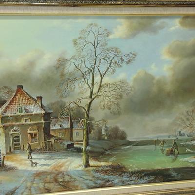 Decoratively Framed Landscape Painting on Canvas by Gene Parkhurst- Approx 43" x 31 1/2"