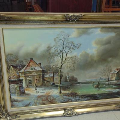 Decoratively Framed Landscape Painting on Canvas by Gene Parkhurst- Approx 43" x 31 1/2"