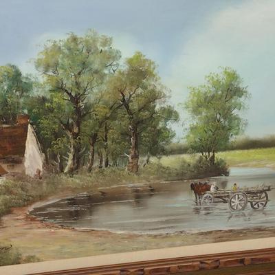 Carved Wooden Framed Landscape Painting on Canvas- Signed by Lawson- Approx 56" x 32 1/2"