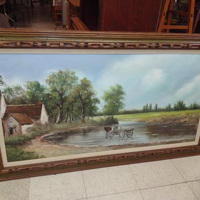 Carved Wooden Framed Landscape Painting on Canvas- Signed by Lawson- Approx 56" x 32 1/2"