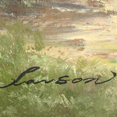 Carved Wooden Framed Landscape Painting on Canvas- Signed by Lawson- Approx 56" x 32 1/2"