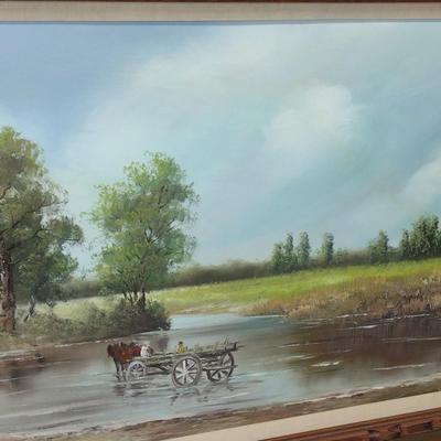 Carved Wooden Framed Landscape Painting on Canvas- Signed by Lawson- Approx 56" x 32 1/2"