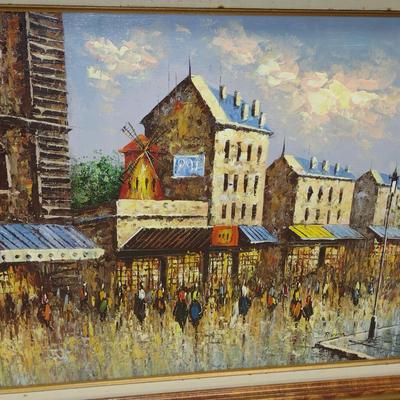 Framed Cityscape Painting on Canvas- Signed Rivira - Approx 31" x 27 1/2"