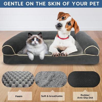 Gray Plush Orthopedic Dog Bed w/Side Bolster Support Pillows Couch for Dogs Pets Cats w/Memory Foam, Anti-Slip Bottom Machine Washable...