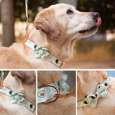 Size Medium Green & White Stripe Avocado Printed Dog Collar w/Matching Leash, Bowtie & Flower Rose Gold Hardware