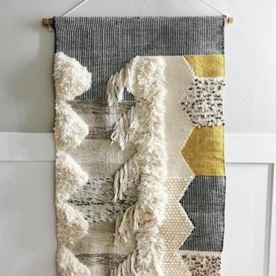 Ivory, Gray & Mustard Yellow Geometric Woven Yarn & Sequin Wall Hanging Home Decor