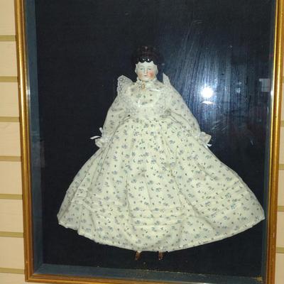 Antique Porcelain Doll in Shadow Box- Approx 17 1/2" x 21" x 2 3/4"