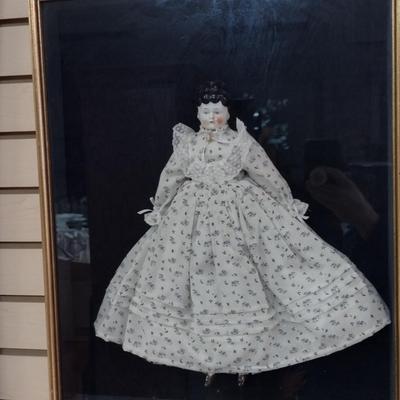 Antique Porcelain Doll in Shadow Box- Approx 17 1/2" x 21" x 2 3/4"