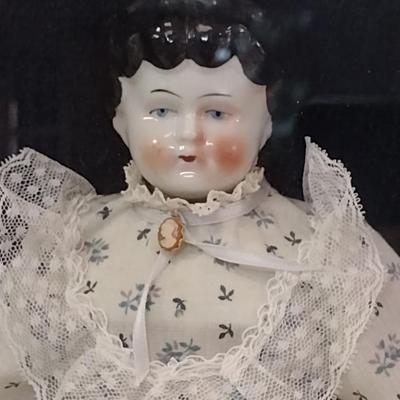 Antique Porcelain Doll in Shadow Box- Approx 17 1/2" x 21" x 2 3/4"