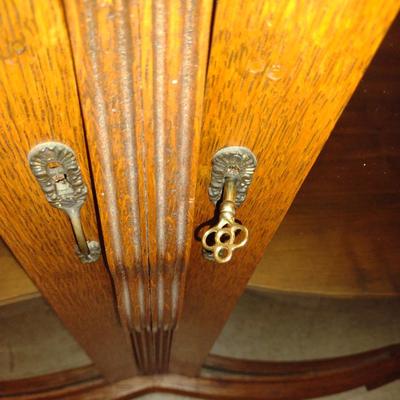 Antique Tiger Oak Curved Glass Double Door Display Cabinet with Key- Approx 35" x 14 1/4" x 43 1/4" Tall
