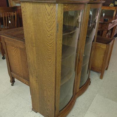 Antique Tiger Oak Curved Glass Double Door Display Cabinet with Key- Approx 35" x 14 1/4" x 43 1/4" Tall