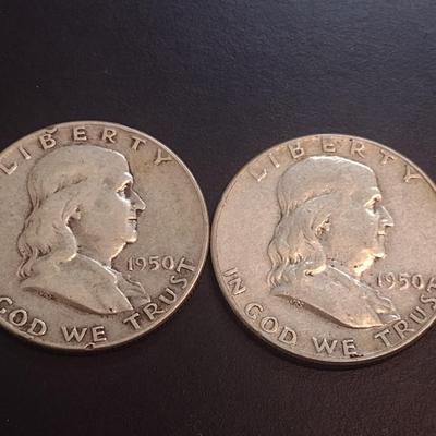 Set of Two 1950 U.S. Mint Franklin Silver Half Dollars Circulated (18)