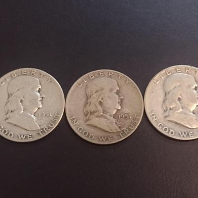 Set of Three 1951-D, S, Unmarked U.S. Mint Franklin Silver Half Dollars Circulated (19)