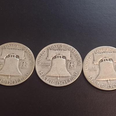 Set of Three 1951-D, S, Unmarked U.S. Mint Franklin Silver Half Dollars Circulated (19)