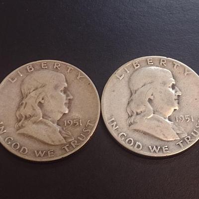 Set of Three 1951-D, S, Unmarked U.S. Mint Franklin Silver Half Dollars Circulated (19)