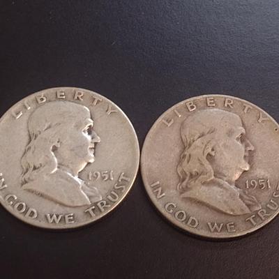 Set of Three 1951-D, S, Unmarked U.S. Mint Franklin Silver Half Dollars Circulated (19)