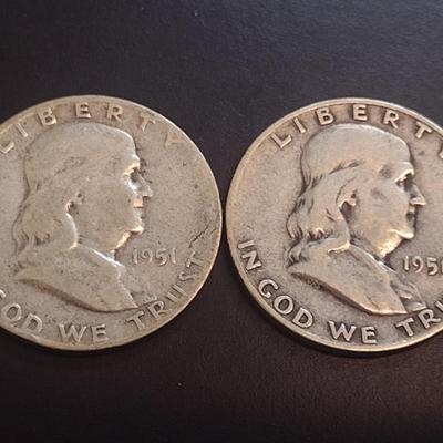 Set of Two 1951-S, U.S. Mint Franklin Silver Half Dollars Circulated (20)