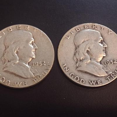 Set of Two 1952-D, Unmarked U.S. Mint Franklin Silver Half Dollars Circulated (21)
