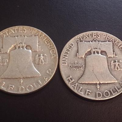 Set of Two 1952-D, Unmarked U.S. Mint Franklin Silver Half Dollars Circulated (21)