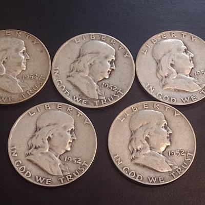 Set of Five 1952-D, U.S. Mint Franklin Silver Half Dollars Circulated (22)