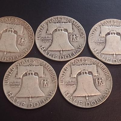 Set of Five 1952-D, U.S. Mint Franklin Silver Half Dollars Circulated (22)
