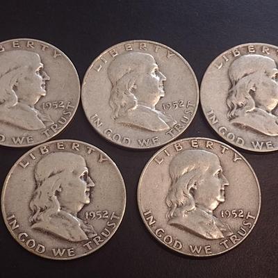 Set of Five 1952-D, U.S. Mint Franklin Silver Half Dollars Circulated (23)