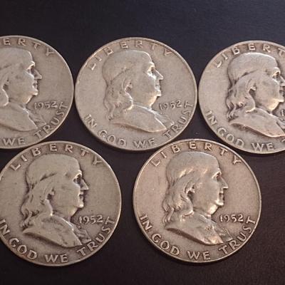 Set of Five 1952-D, U.S. Mint Franklin Silver Half Dollars Circulated (23)