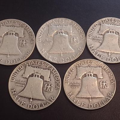 Set of Five 1952-D, U.S. Mint Franklin Silver Half Dollars Circulated (23)