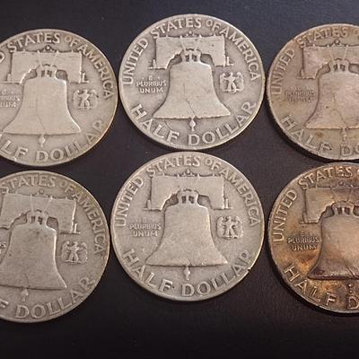 Set of Six 1953-D, U.S. Mint Franklin Silver Half Dollars Circulated (24)
