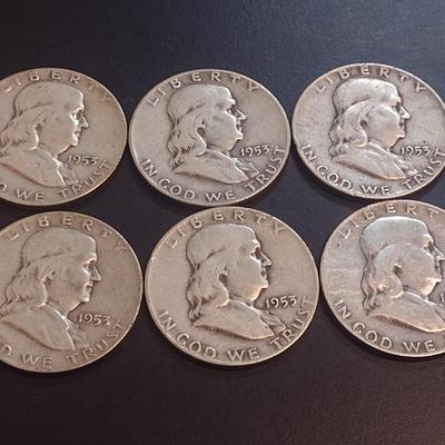 Set of Six 1953-D, U.S. Mint Franklin Silver Half Dollars Circulated (24)