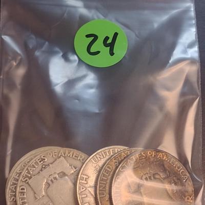 Set of Six 1953-D, U.S. Mint Franklin Silver Half Dollars Circulated (24)