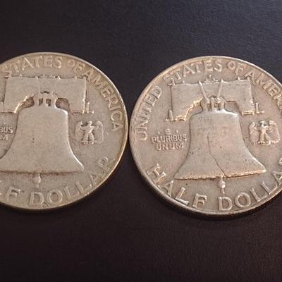 Set of Two 1954-D, Unmarked U.S. Mint Franklin Silver Half Dollars Circulated (25)