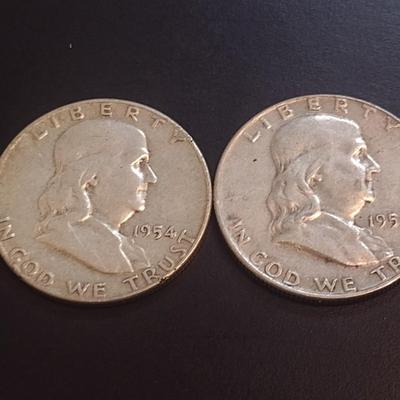 Set of Two 1954-D, Unmarked U.S. Mint Franklin Silver Half Dollars Circulated (25)