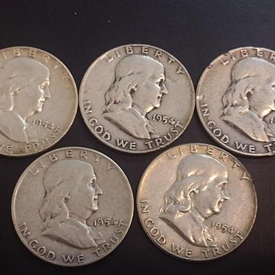 Set of Five 1954-D, Unmarked U.S. Mint Franklin Silver Half Dollars Circulated (26)