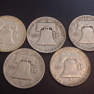 Set of Five 1954-D, Unmarked U.S. Mint Franklin Silver Half Dollars Circulated (26)