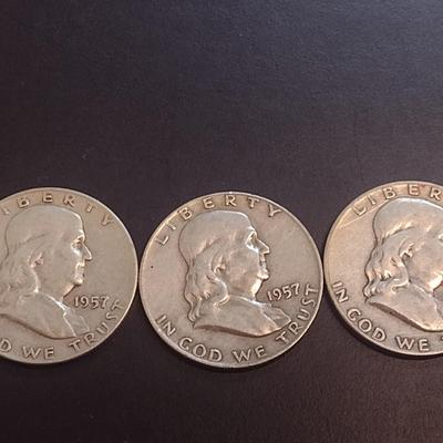 Set of Three 1957-D, U.S. Mint Franklin Silver Half Dollars Circulated (27)