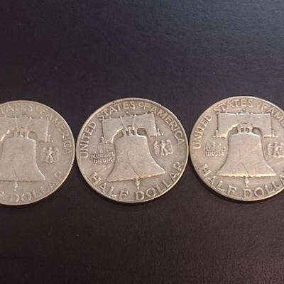 Set of Three 1957-D, U.S. Mint Franklin Silver Half Dollars Circulated (27)