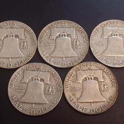 Set of Five 1958-D, U.S. Mint Franklin Silver Half Dollars Circulated (28)