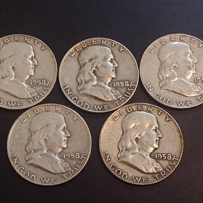 Set of Five 1958-D, U.S. Mint Franklin Silver Half Dollars Circulated (28)