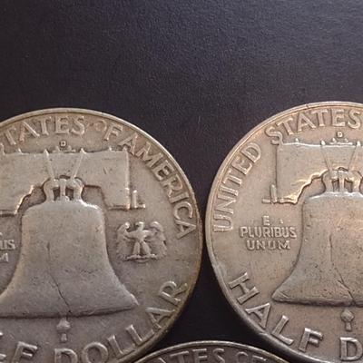 Set of Five 1958-D, U.S. Mint Franklin Silver Half Dollars Circulated (28)