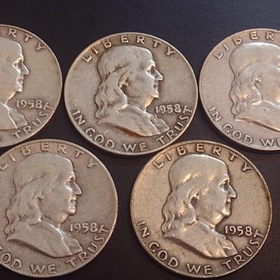 Set of Five 1958-D, U.S. Mint Franklin Silver Half Dollars Circulated (28)