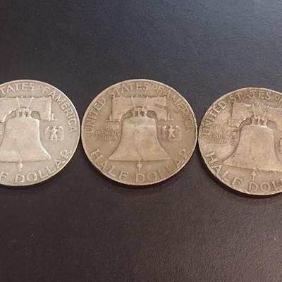 Set of Three 1959 Unmarked U.S. Mint Franklin Silver Half Dollars Circulated (29)
